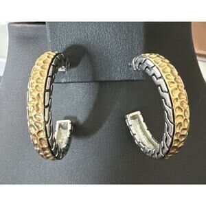 Two -tone gold and silver styled hammered chain Loop earrings